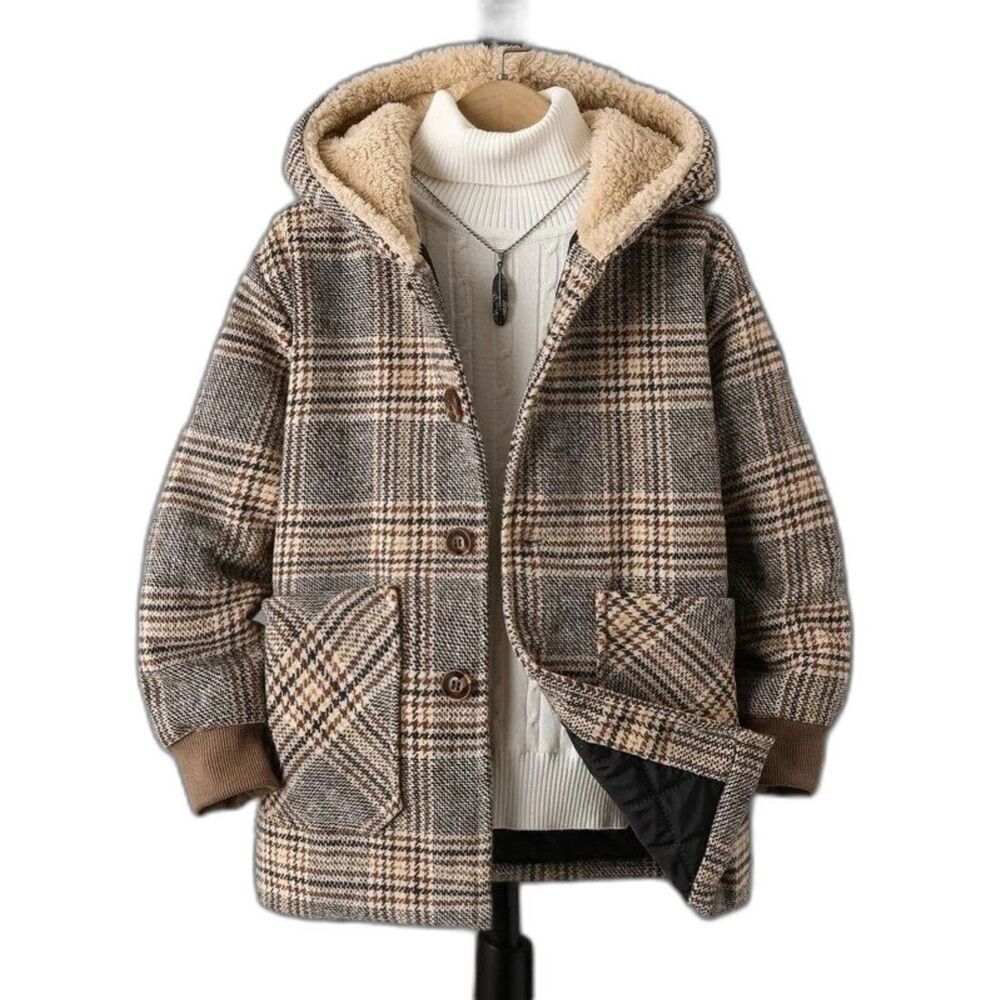 SHEIN Kid's Faux Sherpa Lined Hooded Plaid PeaCoat Size 13/14 Yrs
